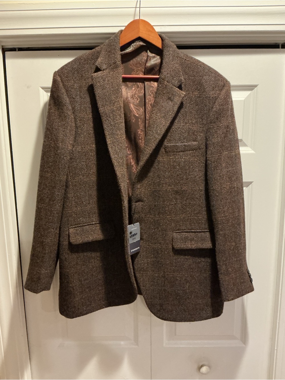STUDIO SUITS Harris Tweed Brown Herringbone Wool Sport Coat Custom Made 50R NWT